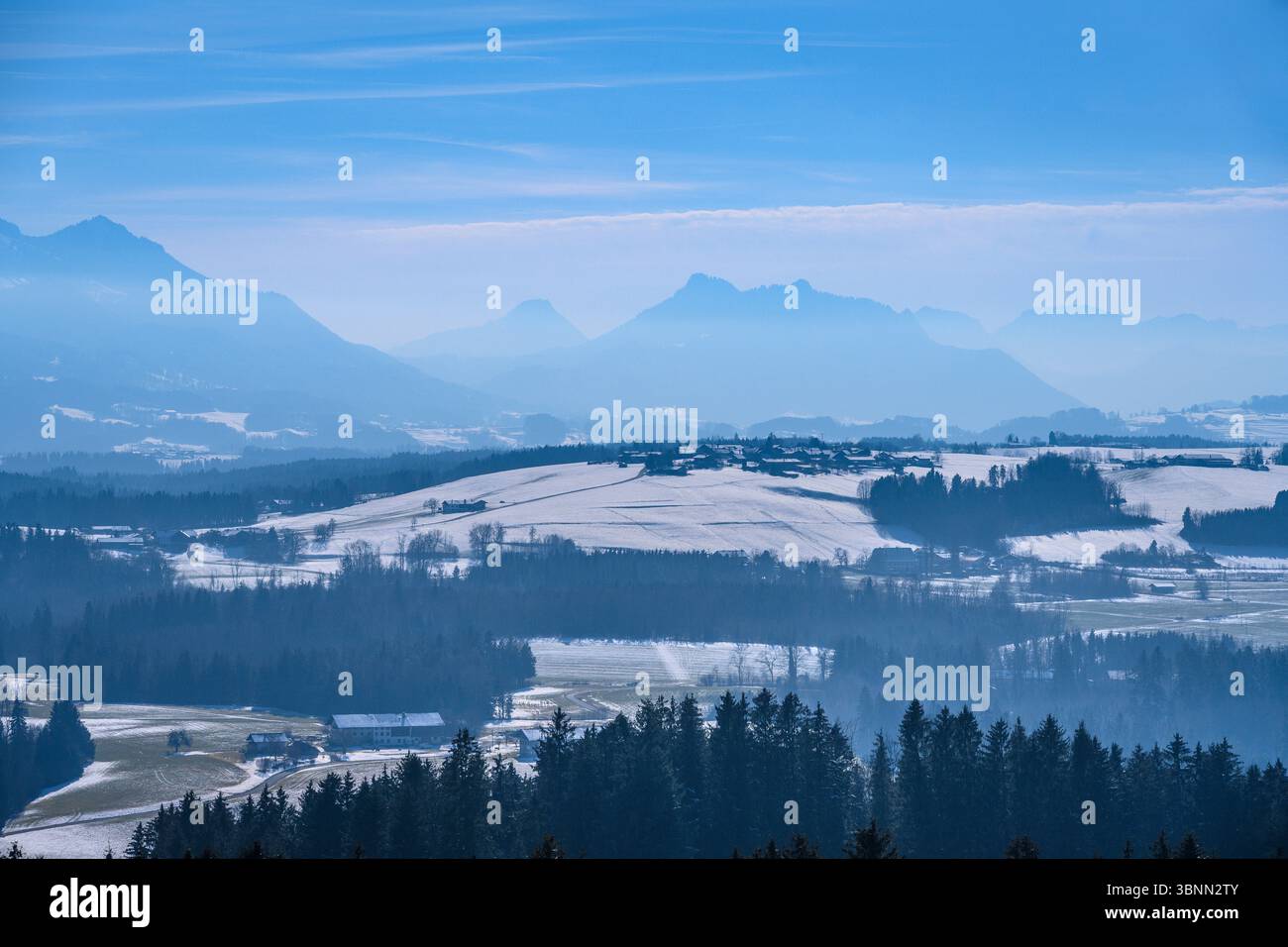 Germania, Baviera, Chiemgau, Rimsting, distretto Hitzing, Ratzinger Höhe, vista dalla torre di osservazione verso le Alpi Chiemgau Foto Stock