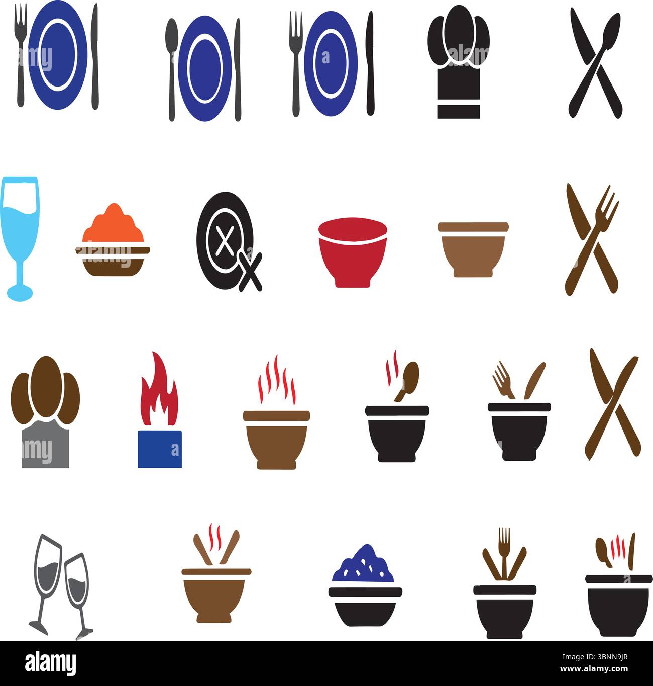 Collezione vettoriale di icone del ristorante e del servizio gastronomico con vari elementi da pranzo Illustrazione Vettoriale