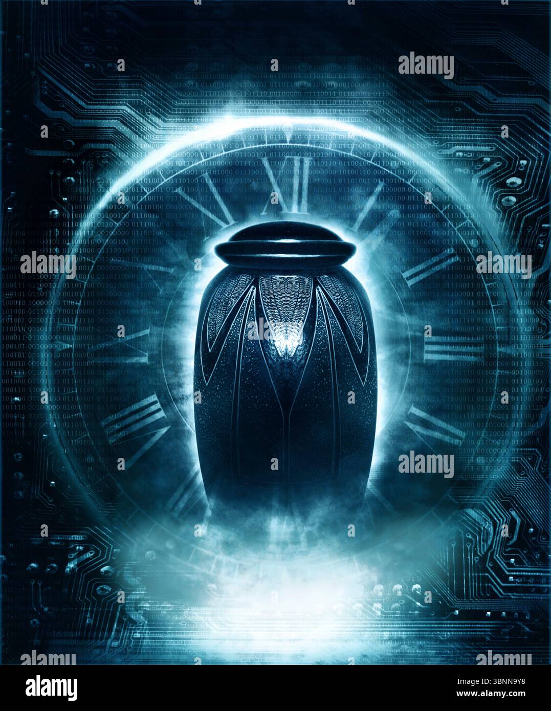 Quadrante orologio con stringhe e interconnessioni di una scheda a circuito stampato, un'urna, luce brillante, scheda a circuito stampato, nebbia Foto Stock