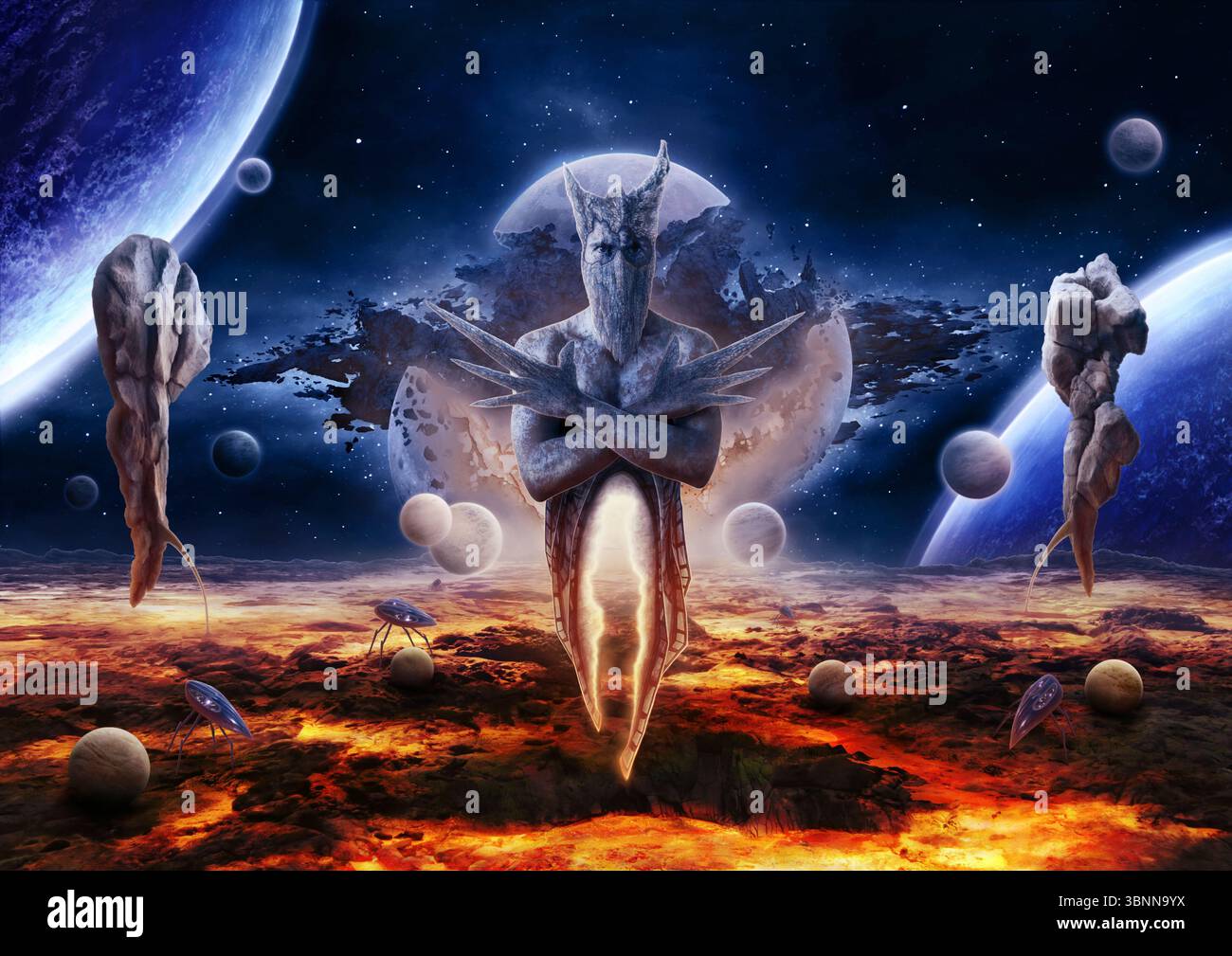 Un paesaggio lavico su cui si libra un alieno, mezzo essere umano, la luna si frantuma sullo sfondo, pianeti, rocce, robot, Foto Stock