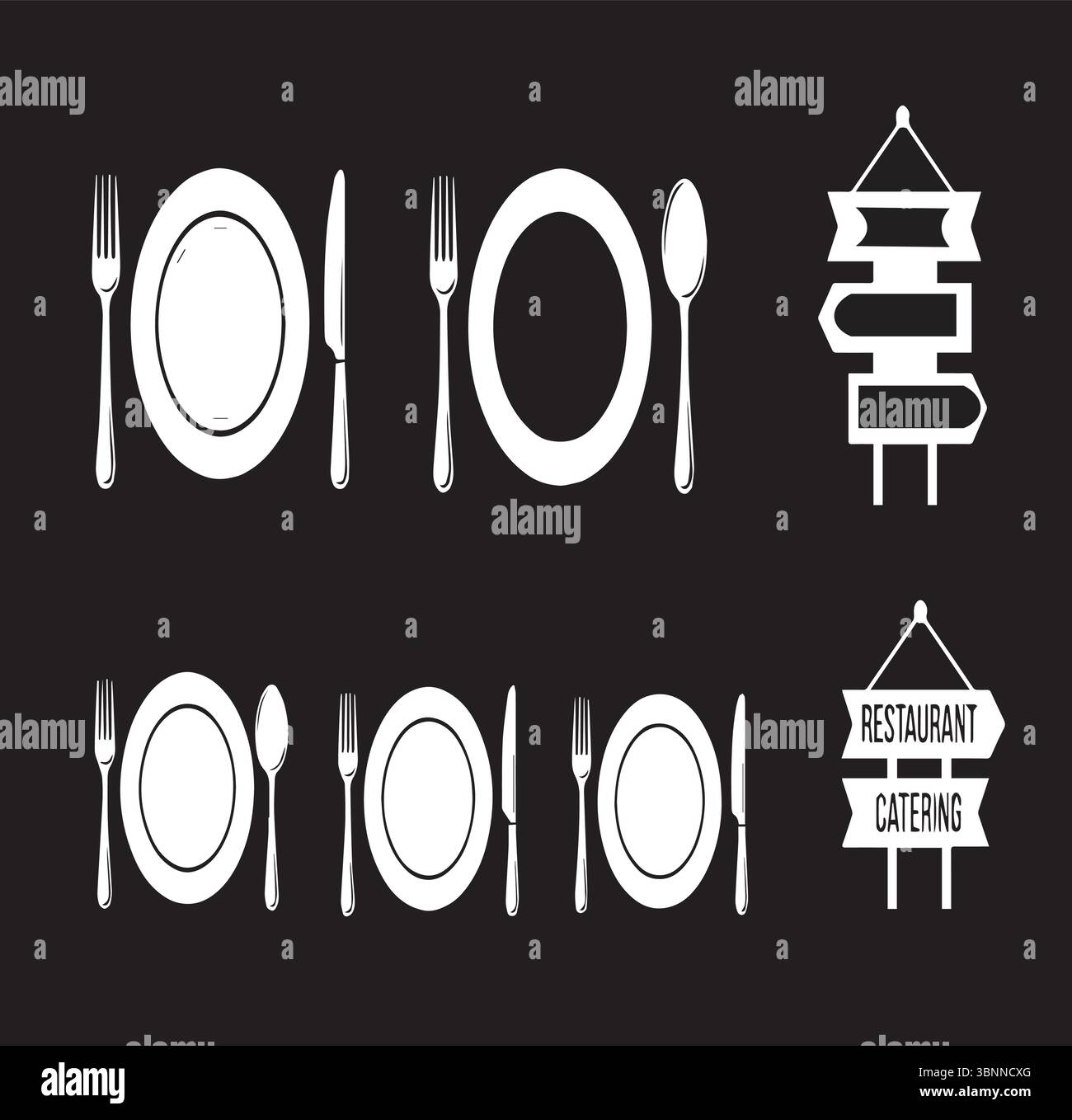 Elegante set di icone del ristorante bianco e nero con posate, piatti e insegne per cene, catering e elementi di design per menu' Illustrazione Vettoriale
