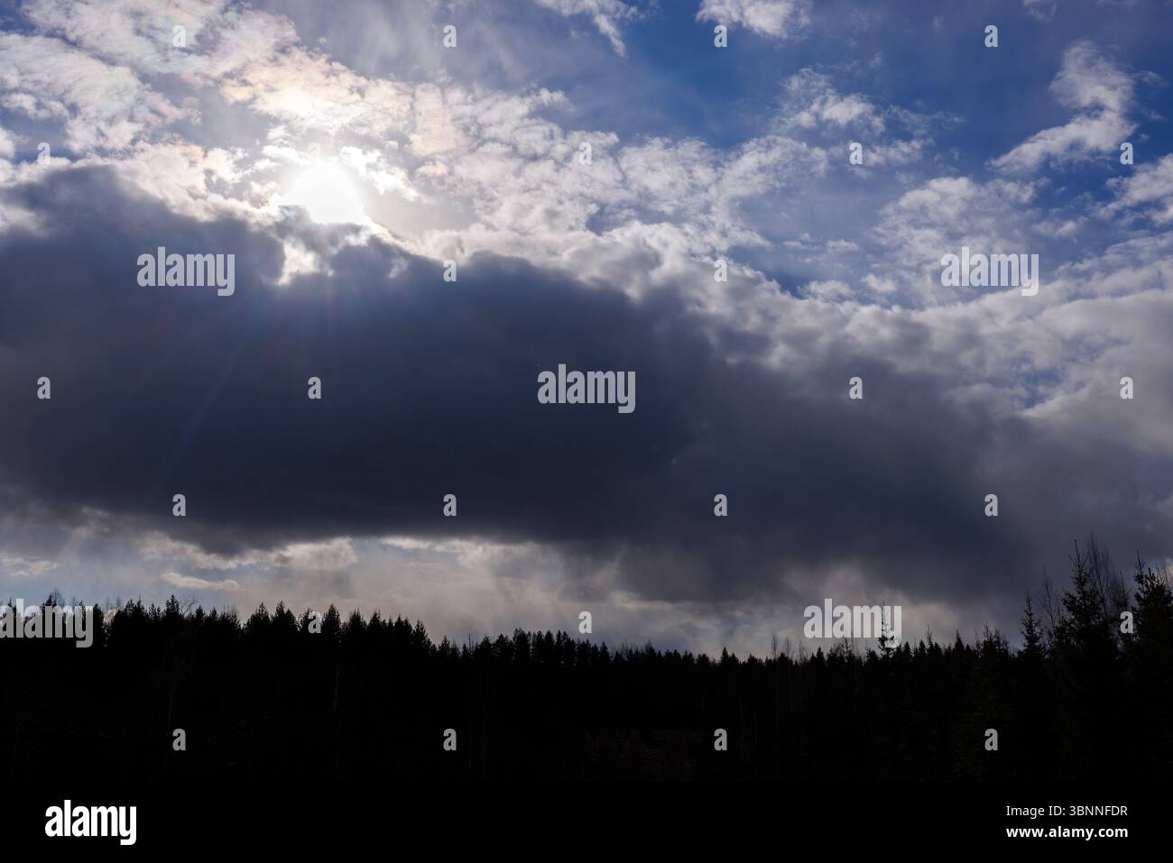 Nuvole di pioggia grigio scuro e cielo azzurro limpido , Finlandia Foto Stock