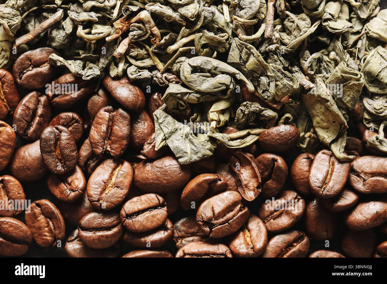 Chicchi di caffè con foglie di tè essiccate. Primo piano di ingredienti per bevande miste. Fagioli arrostiti e foglie verdi di erbe. Miscela aromatica naturale. Foto Stock