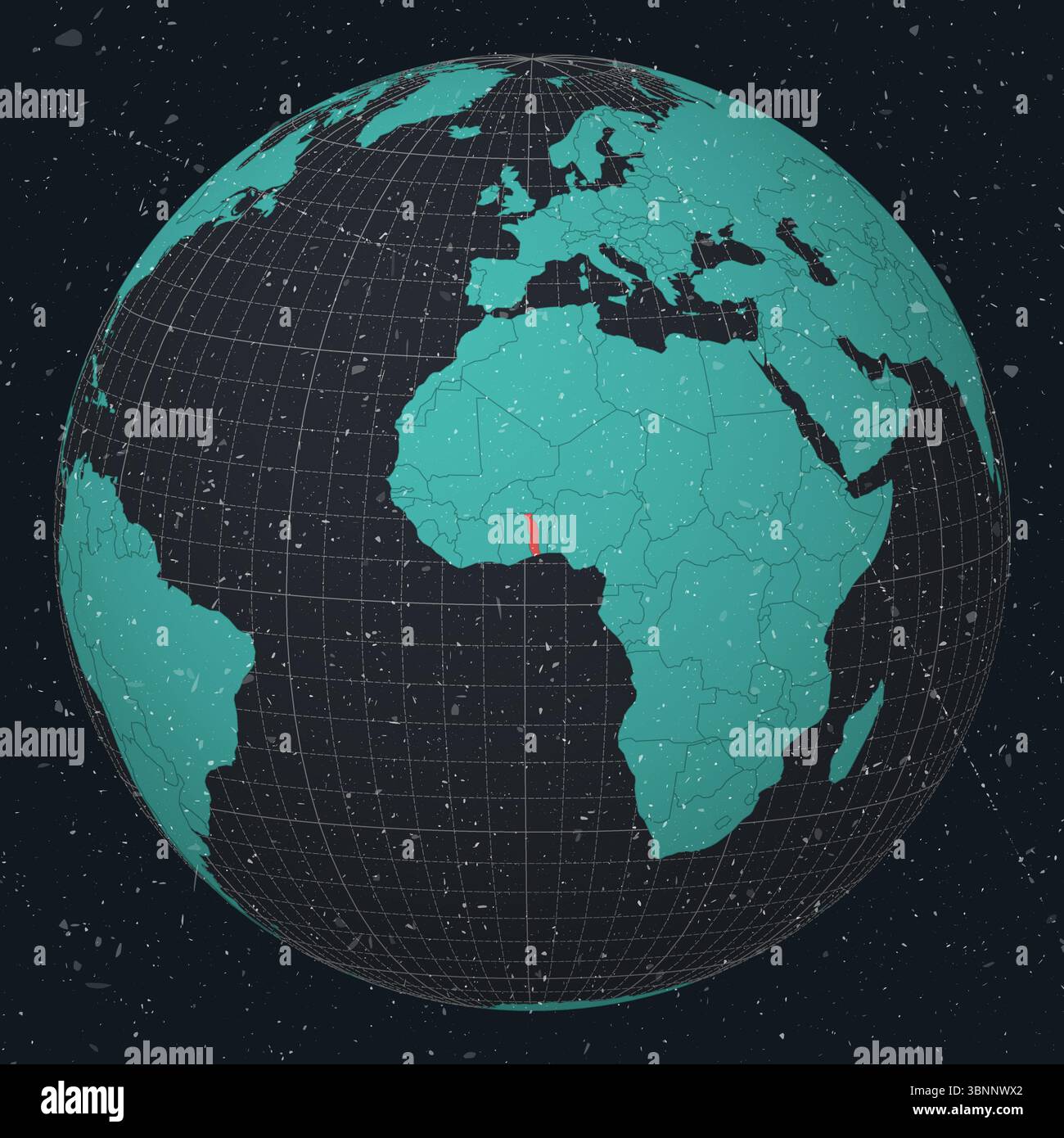 Repubblica del Togolese su Globe. Look vintage con texture graffiata graffiata. Vista del paese sulla mappa del mondo con tavolozza di colori Turchese Dark Charcoal. Illustrazione Vettoriale