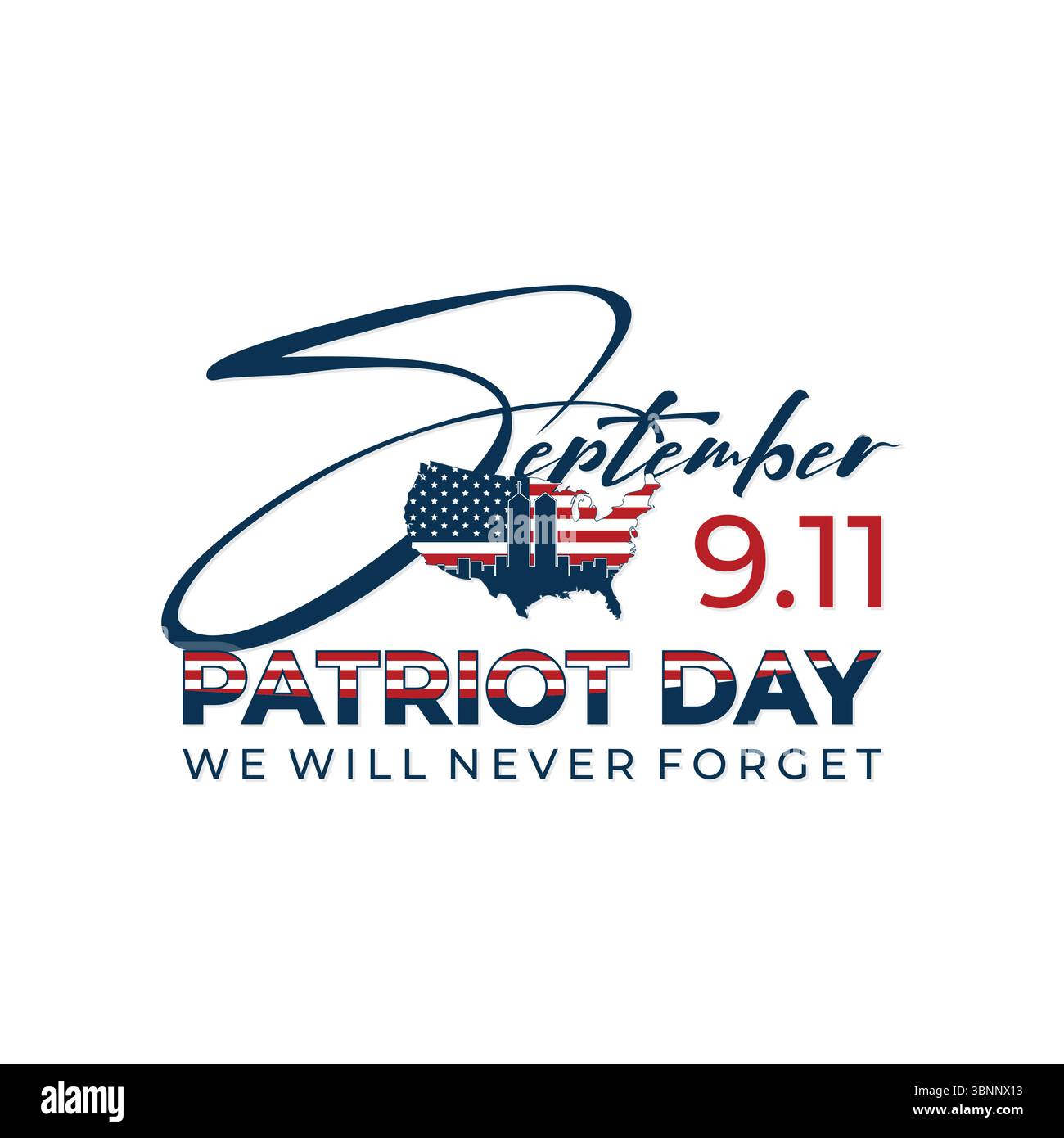 Patriot Day 11 settembre con la bandiera americana isolata sfondo mappa America. Illustrazione vettoriale Illustrazione Vettoriale