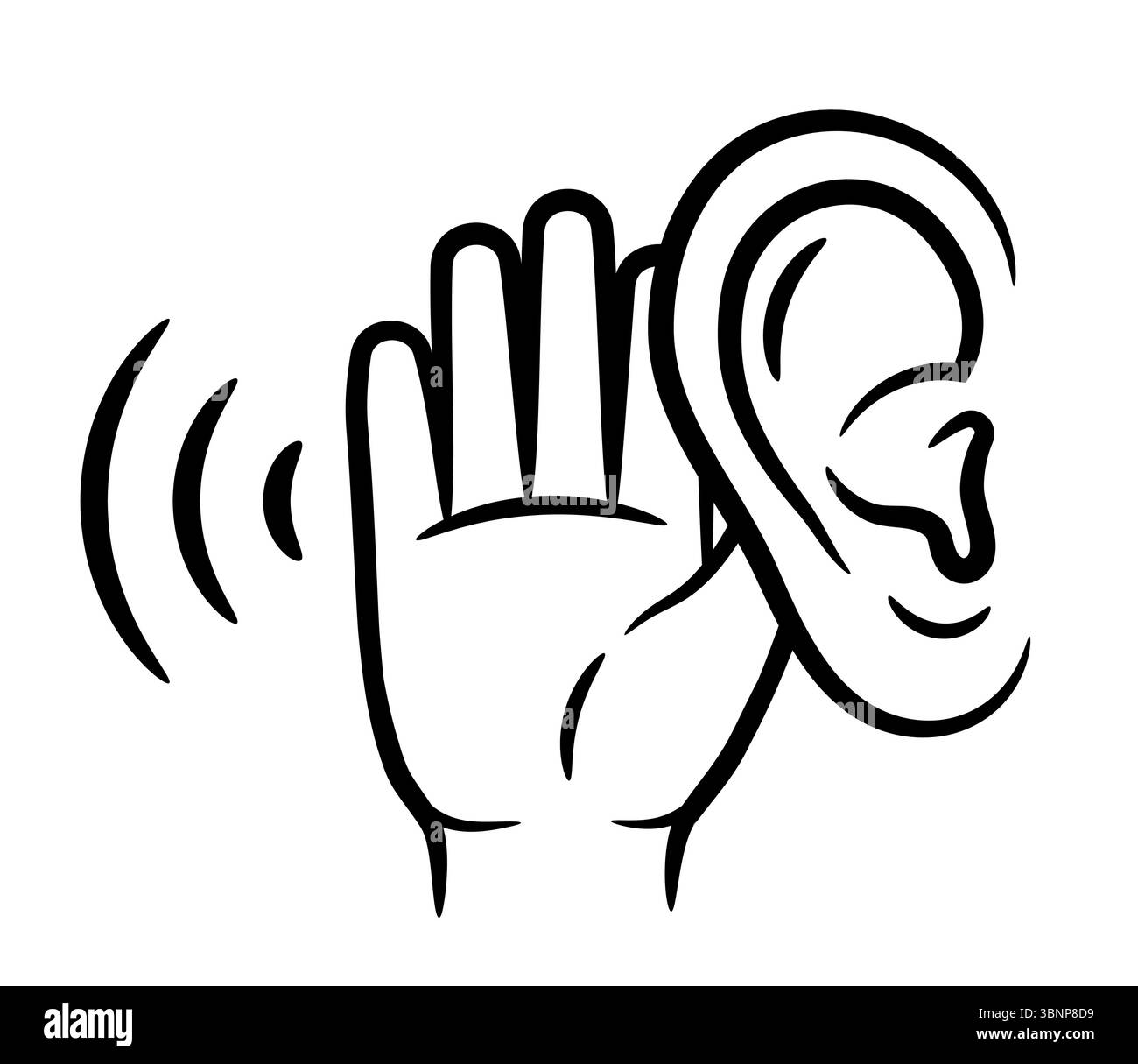 Udito dell'orecchio, sordità, ascoltare rumore tenendo la mano vicino alla testa, percezione sensoriale del suono problema di salute dell'organo. Icona della linea del gesto di conversazione Illustrazione Vettoriale