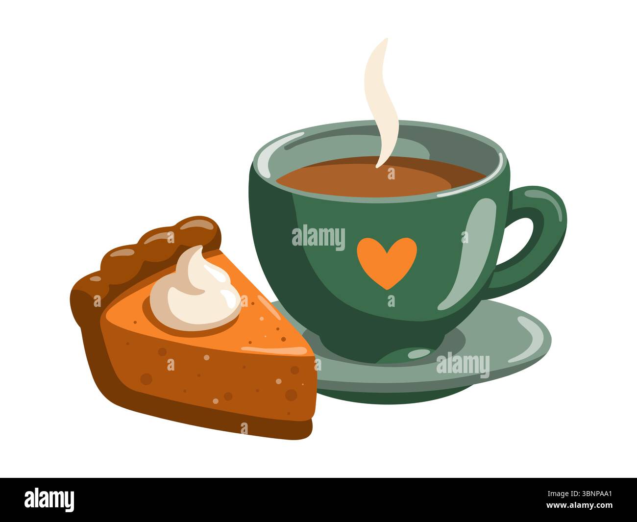 Illustrazione autunnale con bevanda calda in tazza e fetta di torta di zucca. Oggetto stagionale autunnale. Illustrazione vettoriale cartoni animati Illustrazione Vettoriale