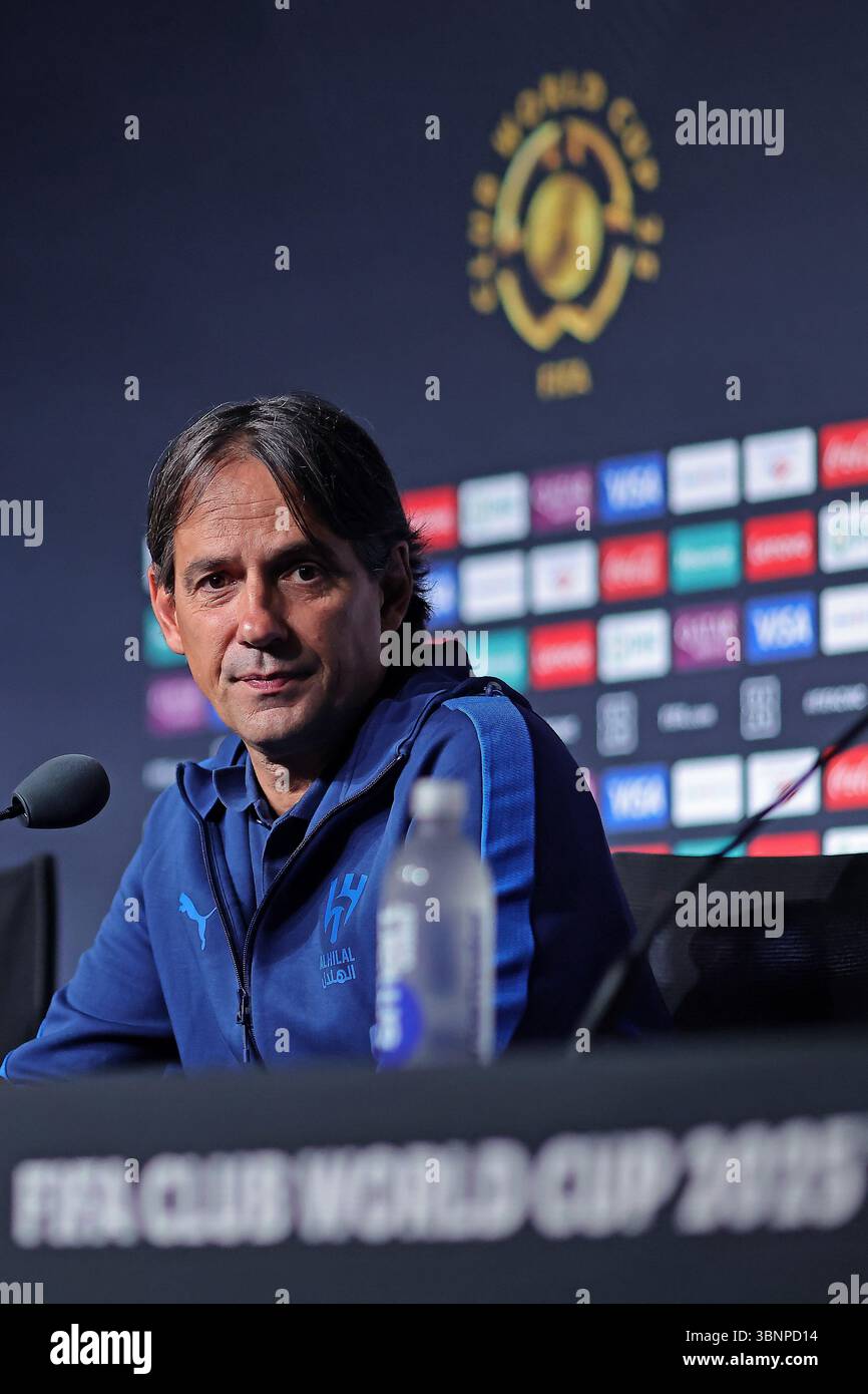 Orlando, Stati Uniti. 3 luglio 2025. L'allenatore Simone Inzaghi dell'al-Hilal durante una conferenza stampa al Camping World Stadium, il 3 luglio 2025. La squadra si sta preparando ad affrontare Fluminense, nei quarti di finale della Coppa del mondo per club FIFA 2025, foto: Heuler Andrey/DiaEsportivo/Alamy Live News Credit: DiaEsportivo/Alamy Live News Foto Stock