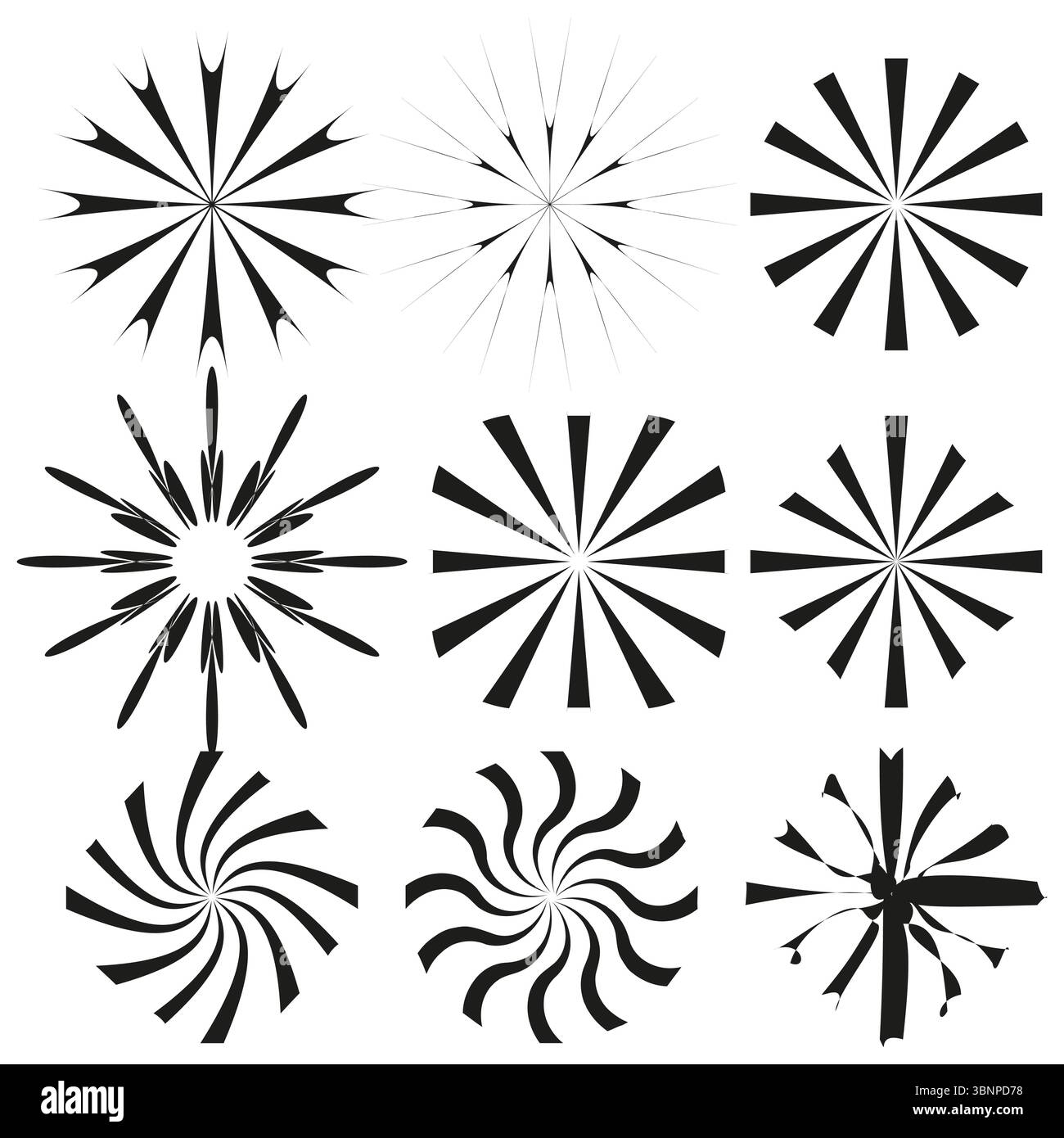 Set di icone Starburst. Varianti con picchi radianti. Vettore di esplosione astratta. Collezione dinamica Spark. Illustrazione Vettoriale