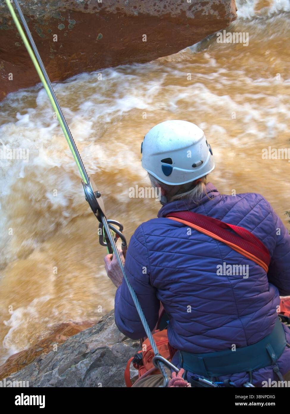 Donna adulta single che attraversa una traversata tirolese sospesa sopra un torrente sopra Ouray, Colorado Foto Stock
