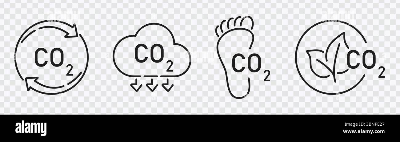 "Icone delle emissioni di CO2 - impronta di carbonio e impatto ambientale" Illustrazione Vettoriale