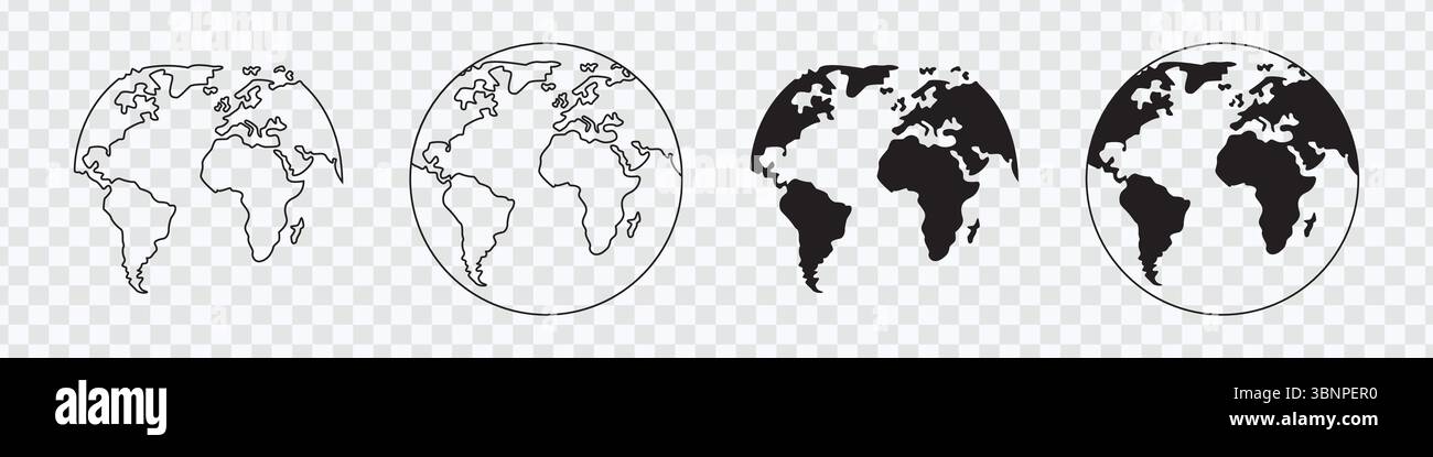 Icona Mappa mondiale globale impostata in bianco e nero Illustrazione Vettoriale