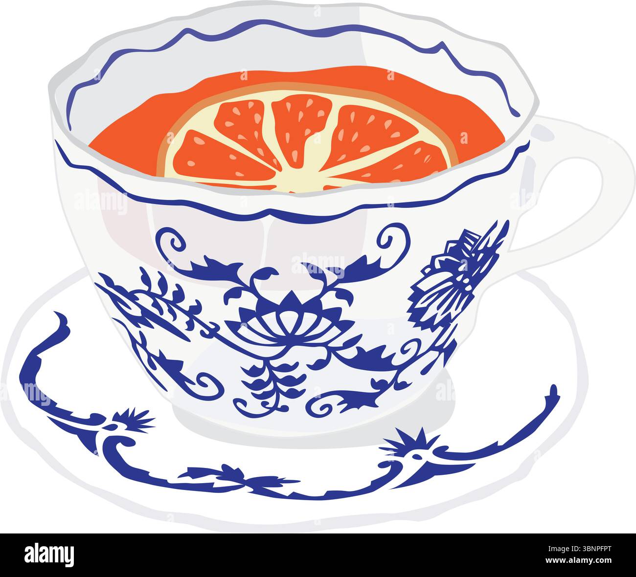 Illustrazione vettoriale di un tè blu vintage riempito con una fetta di arancia. Tazza e piattino in porcellana classica con design floreale di ispirazione asiatica. Illustrazione Vettoriale