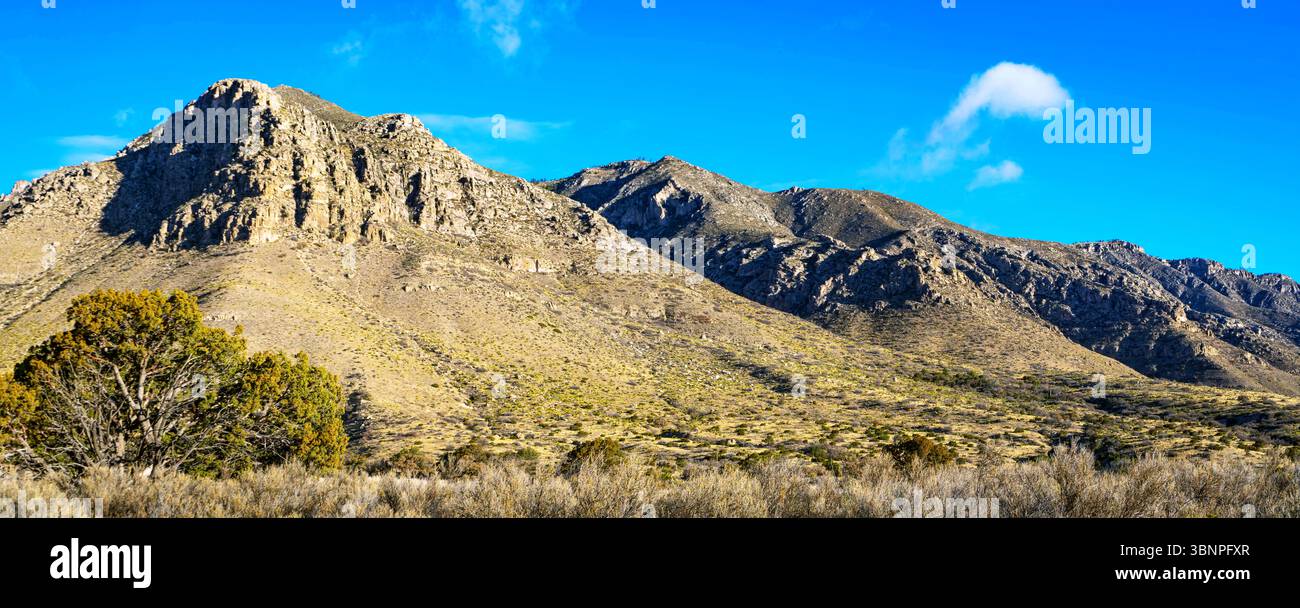 La luce dorata del mattino illumina il terreno roccioso del Guadalupe Mountains National Park. Questa è una spettacolare faccia di montagne scolpita nel tempo. Foto Stock
