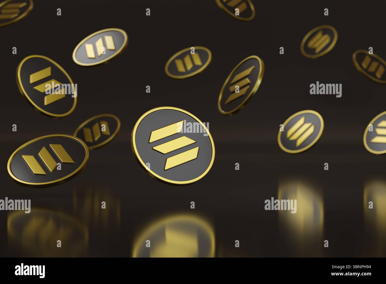 Monete con il simbolo di Solana che fluttuano nell'aria. illustrazione 3d. Foto Stock
