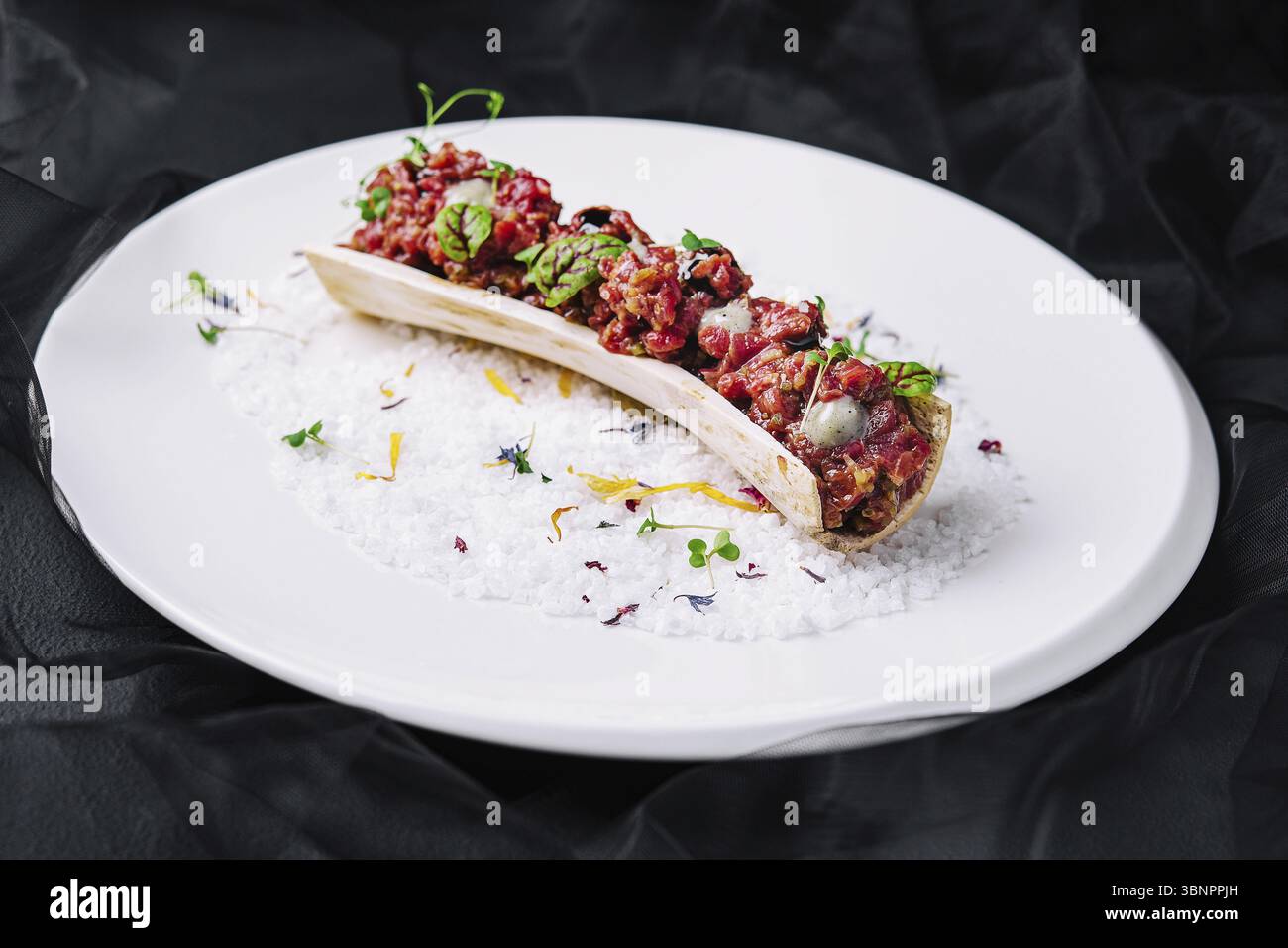 Natura morta del cibo, squisita tartare di manzo su piatto Foto Stock