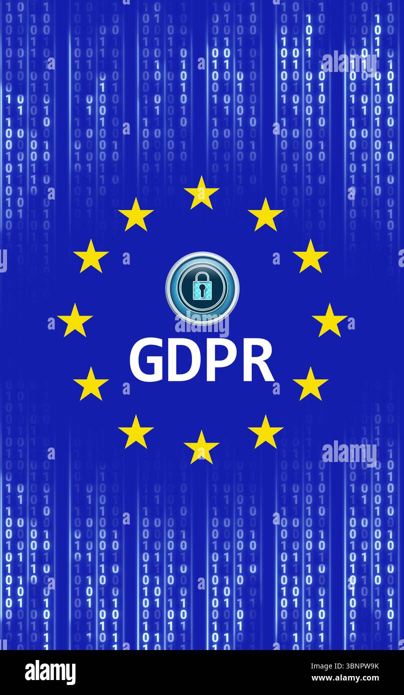 Il design piatto mostra flussi binari su un campo blu con cerchio a stella giallo, lucchetto, testo GDPR Foto Stock