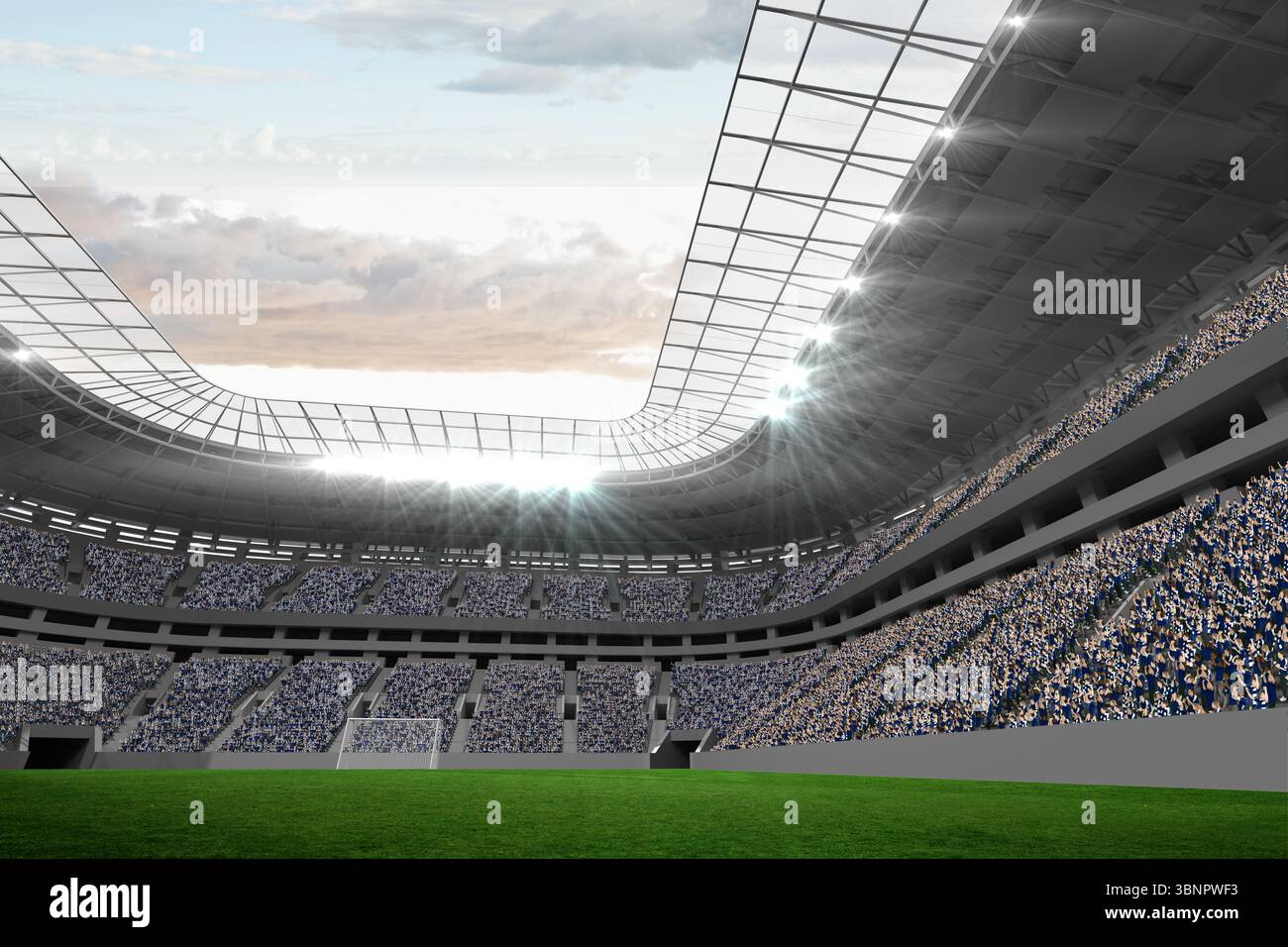 Mostra lo stadio di calcio piatto sotto un cielo parzialmente nuvoloso con tetto in vetro, proiettori, pali, campo Foto Stock