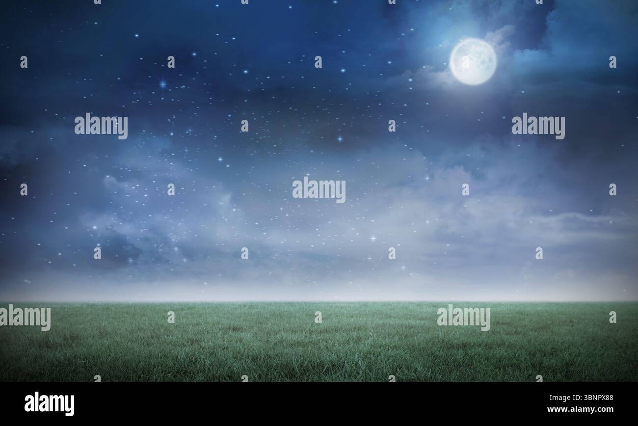 Luna piena che si illumina su un campo erboso sotto il cielo stellato notturno in un design piatto, caratterizzato da nuvole di neve Foto Stock