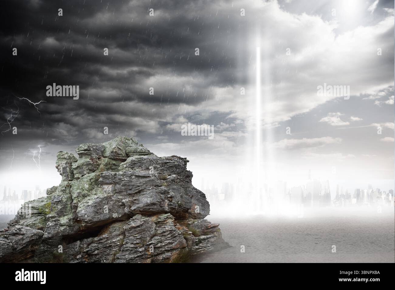 La grande formazione rocciosa è in piedi su pianura con effetti di tempesta, fascio di luce e skyline, design piatto Foto Stock