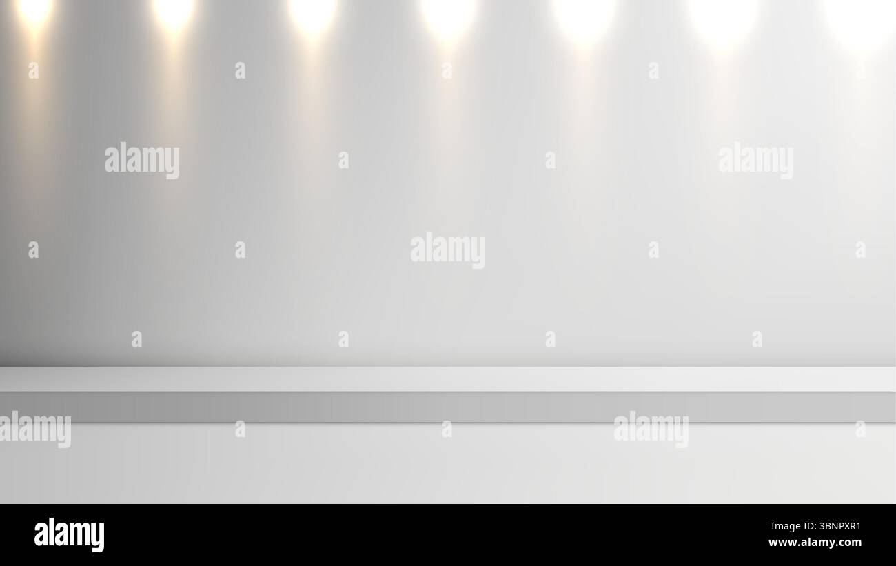 ambiente da studio bianco pulito con illuminazione soffusa sopra una piattaforma orizzontale grigia, ideale per mostrare i prodotti in moderni modelli di mockup Illustrazione Vettoriale