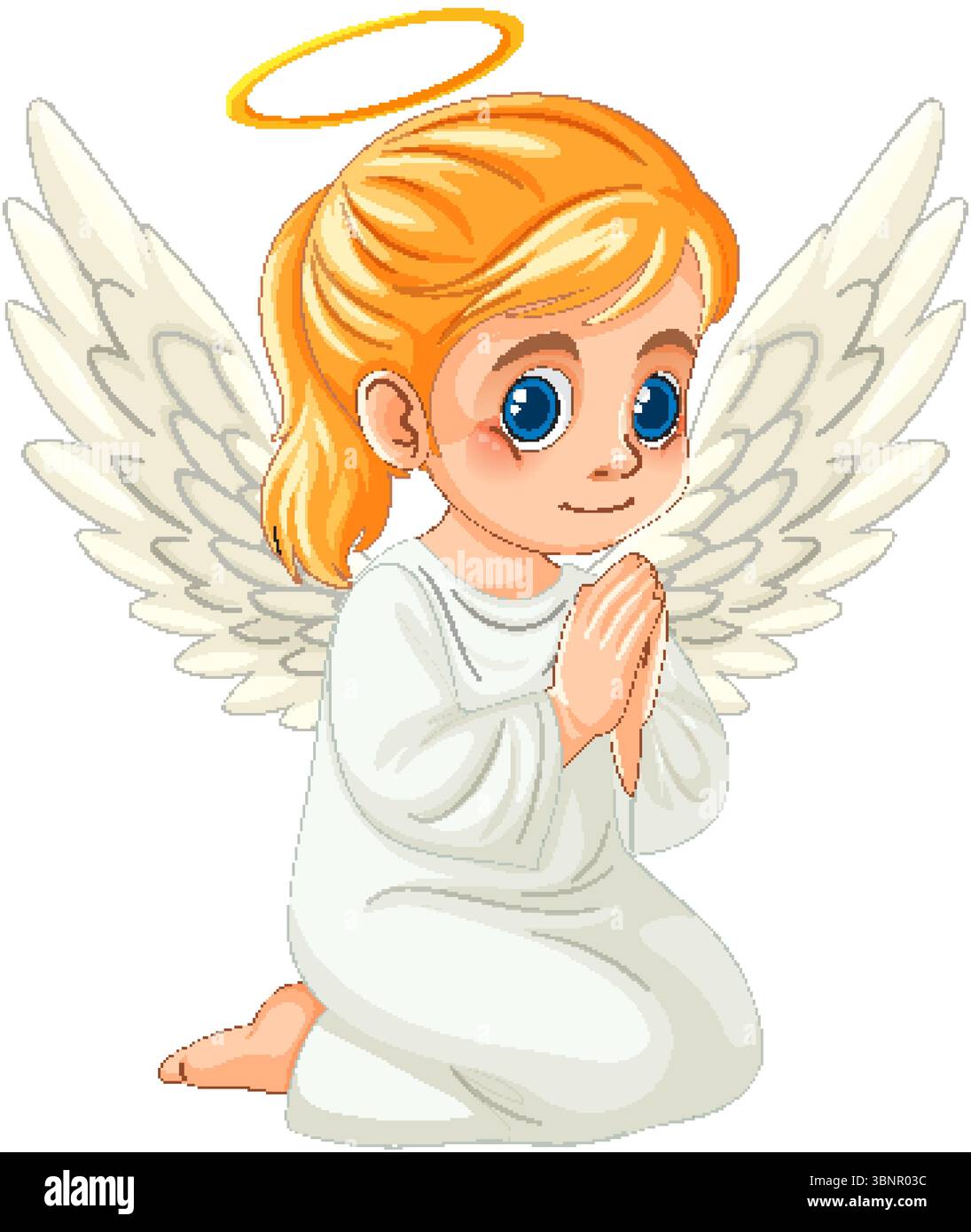 Adorabile illustrazione di angelo bambino con alone dorato, ali bianche ed espressioni delicate. Colori brillanti e stile vettoriale uniforme Illustrazione Vettoriale