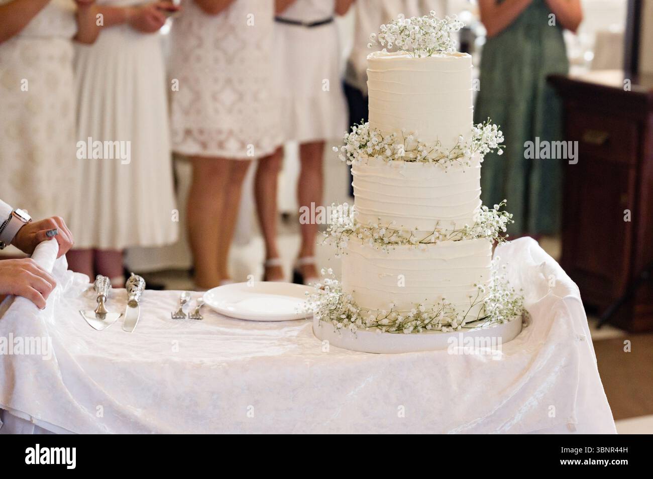Un'immacolata torta nuziale bianca, alta tre livelli, decorata con piccoli fiori bianchi, siede su un tavolo. Gli ospiti con abiti bianchi sono sfocati nel dorso Foto Stock