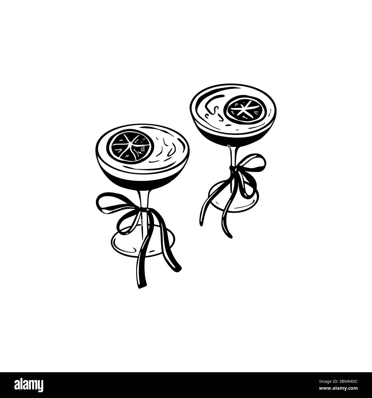 Illustrazione disegnata a mano di due bicchieri da cocktail con archi. Brindisi. Graziosa illustrazione vettoriale femminile in stile coquette. Natale, Capodanno, noi Illustrazione Vettoriale