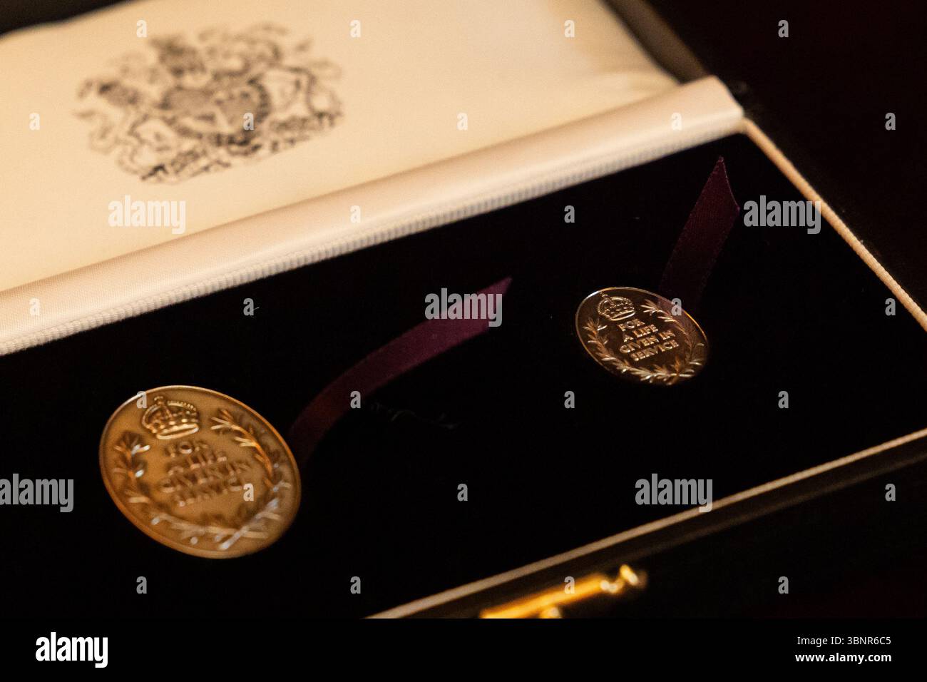 Foto datata 10/12/24 di emblemi di Elisabetta durante la cerimonia inaugurale di presentazione al Castello di Windsor, Berkshire. Più di 100 funzionari pubblici che morirono in servizio sono stati riconosciuti con l'assegnazione di un Elizabeth Emblem. Il premio è l'equivalente civile della Elizabeth Cross, che riconosce i membri delle forze armate britanniche morti in azione o a seguito di un attacco terroristico. Data di pubblicazione: Venerdì 4 luglio 2025. Foto Stock