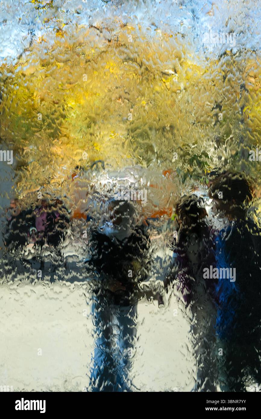 Il muro d'acqua della National Gallery of Victoria di Melbourne, Australia, distorce la vista delle persone e degli alberi dietro di esso. La creatura d'acqua a cascata Foto Stock