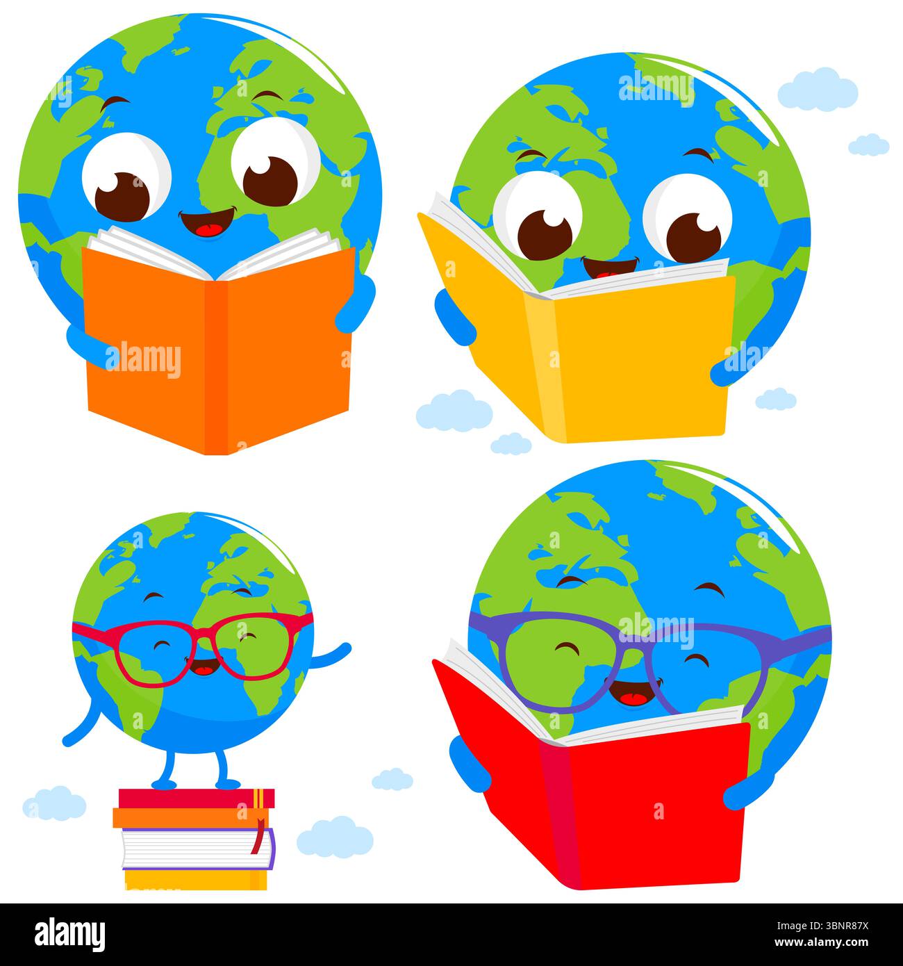 Carino pianeta Terra che legge un libro. Giornata mondiale del libro. Globo e libro aperto. Concetto di lettura. Foto Stock