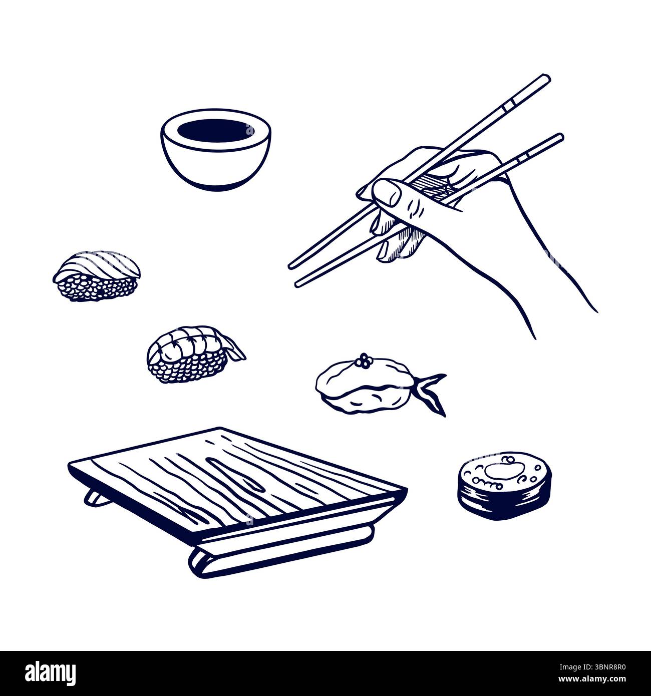 Set di sushi. Mani che tengono le bacchette, il piatto da portata, la salsa. Illustrazione vettoriale disegnata a mano della cucina giapponese in stile grafico bianco e nero. Per des Illustrazione Vettoriale