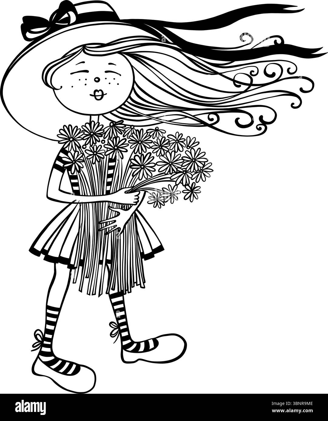 Ragazza con cappello che tiene i fiori nel vento Illustrazione Vettoriale