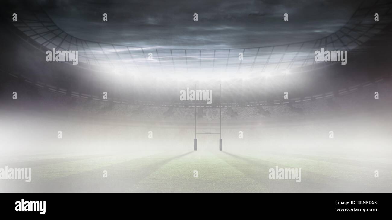 Con pali da rugby dal design piatto in un'arena piena di nebbia, illuminando il campo in erba sotto i riflettori Foto Stock