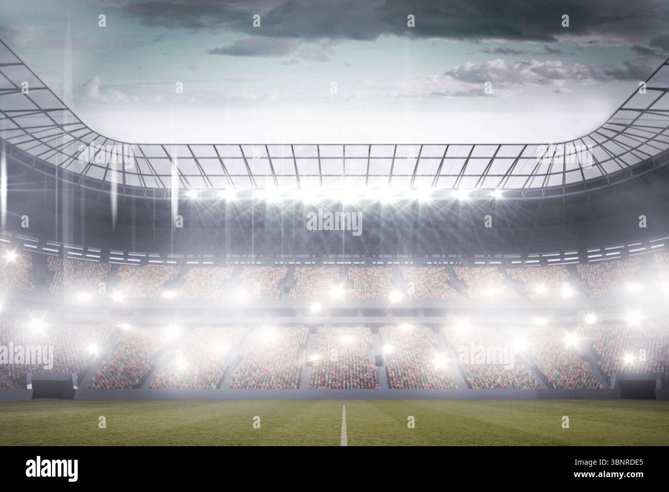 Lo stadio dal design piatto presenta un campo in erba con linea centrale sotto il tetto curvo e fari Foto Stock