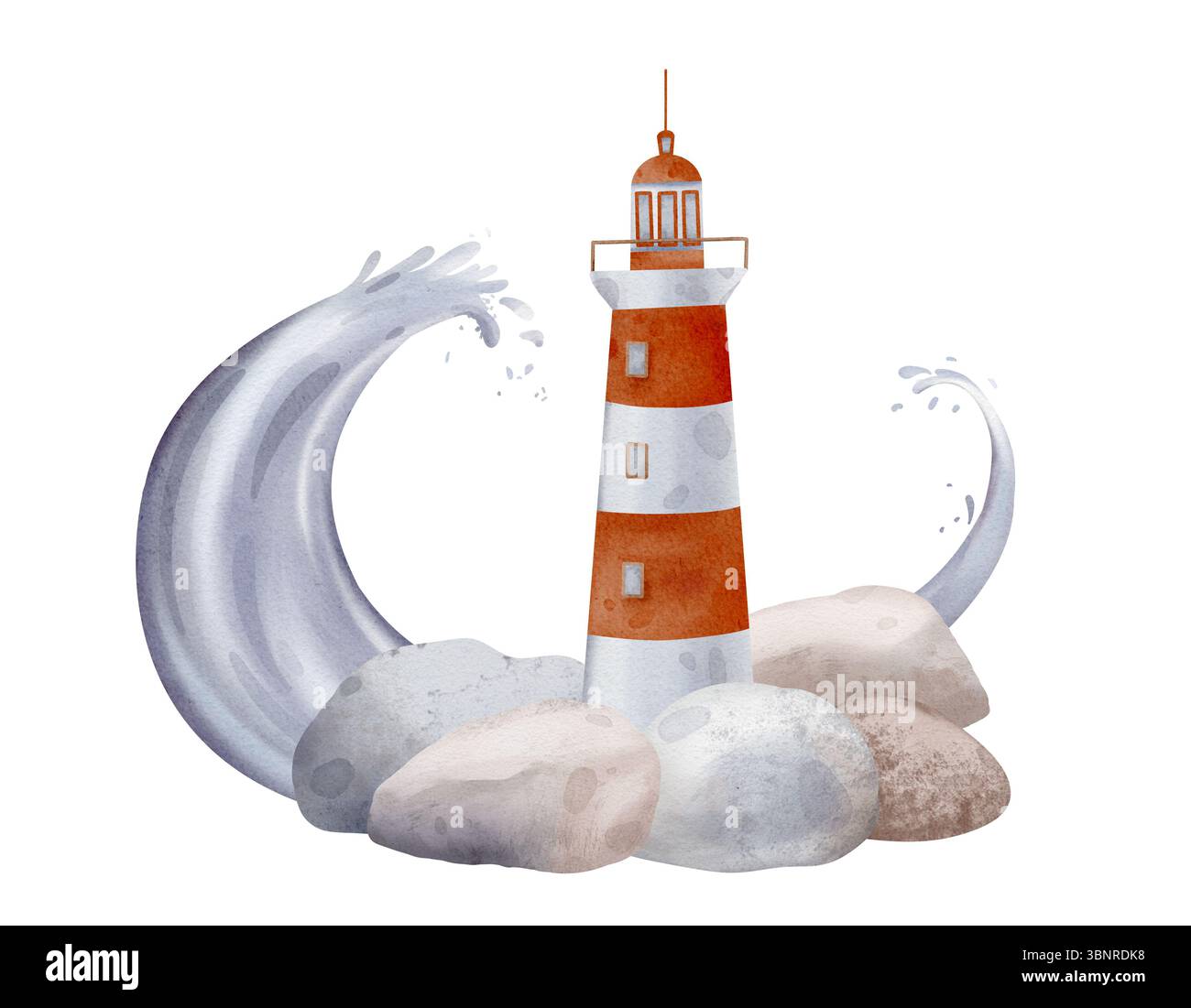 Faro acquerello su una roccia con onde. Immagine del segnalatore luminoso nei colori rosso pastello e blu. Disegno della casa di luce per il design della doccia per bambini in Foto Stock