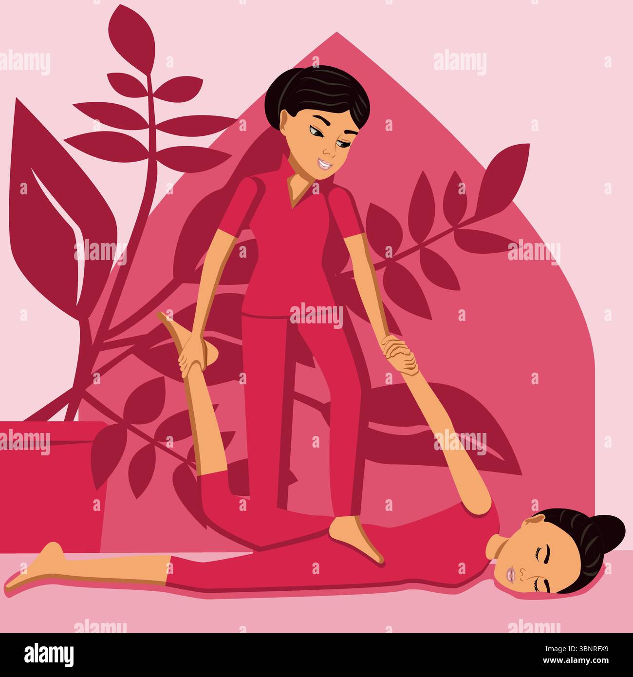Massaggio Shiatsu corpo completo. Terapia e trattamento da parte di terapisti professionisti nella SPA. Illustrazione del vettore piatto isolato. Etnia orientale. Illustrazione Vettoriale