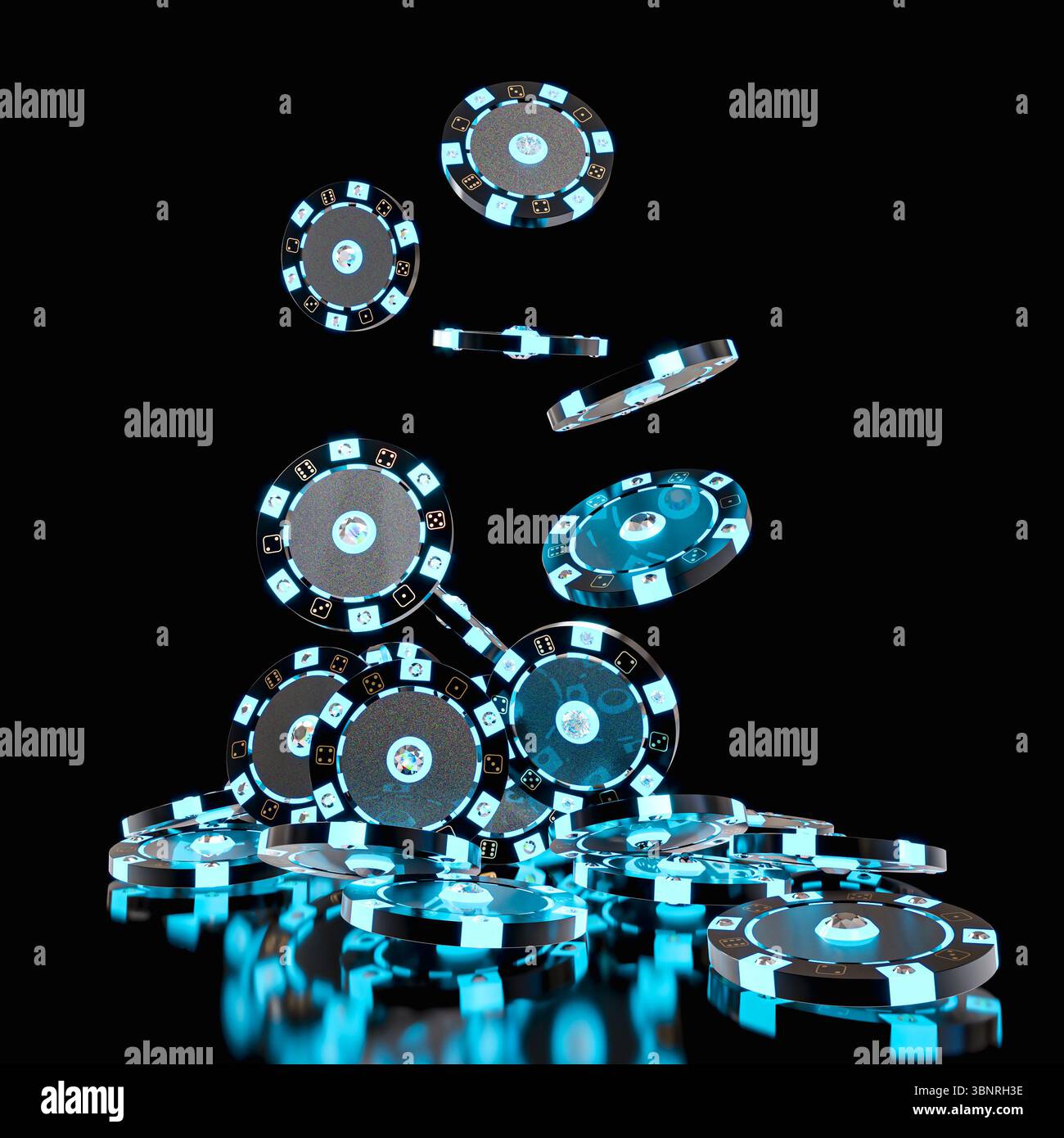 Gettoni del casinò che cadono su sfondo nero luci al neon blu 3d. Foto Stock