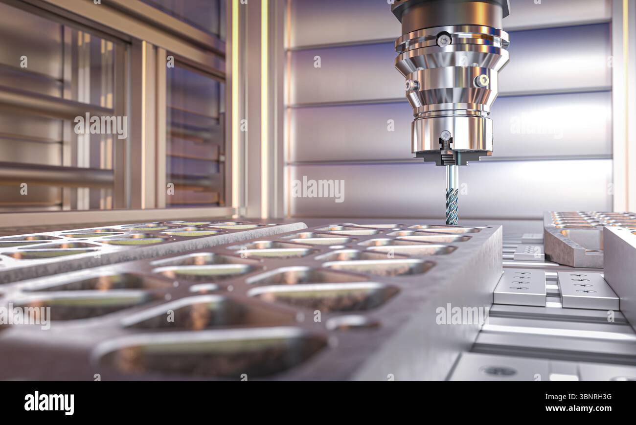 Fresatrice cnc automatizzata per il taglio di pezzi metallici in 3d. Foto Stock