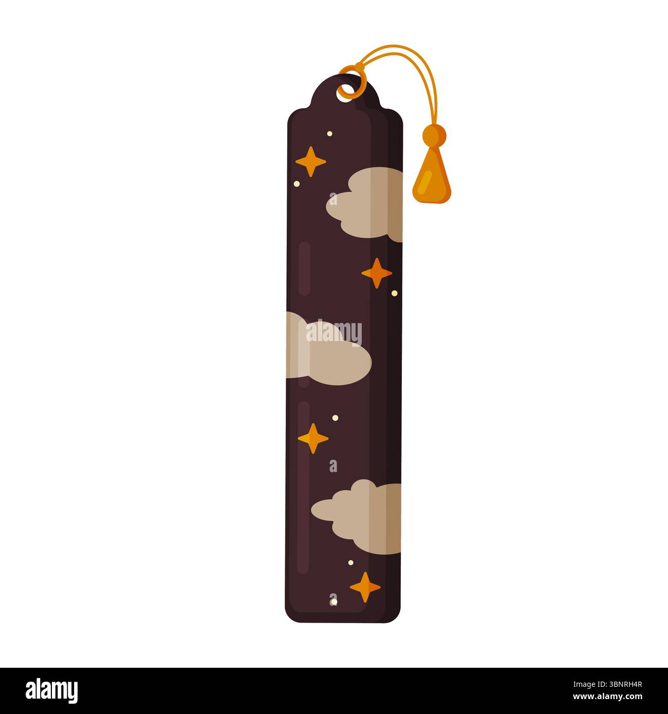 Immagine vettoriale piatta di un segnalibro unico con nuvole stilizzate, stelle luminose e nappina. Evoca magia, sogni e meraviglia cosmica. Perfetto per Re Illustrazione Vettoriale