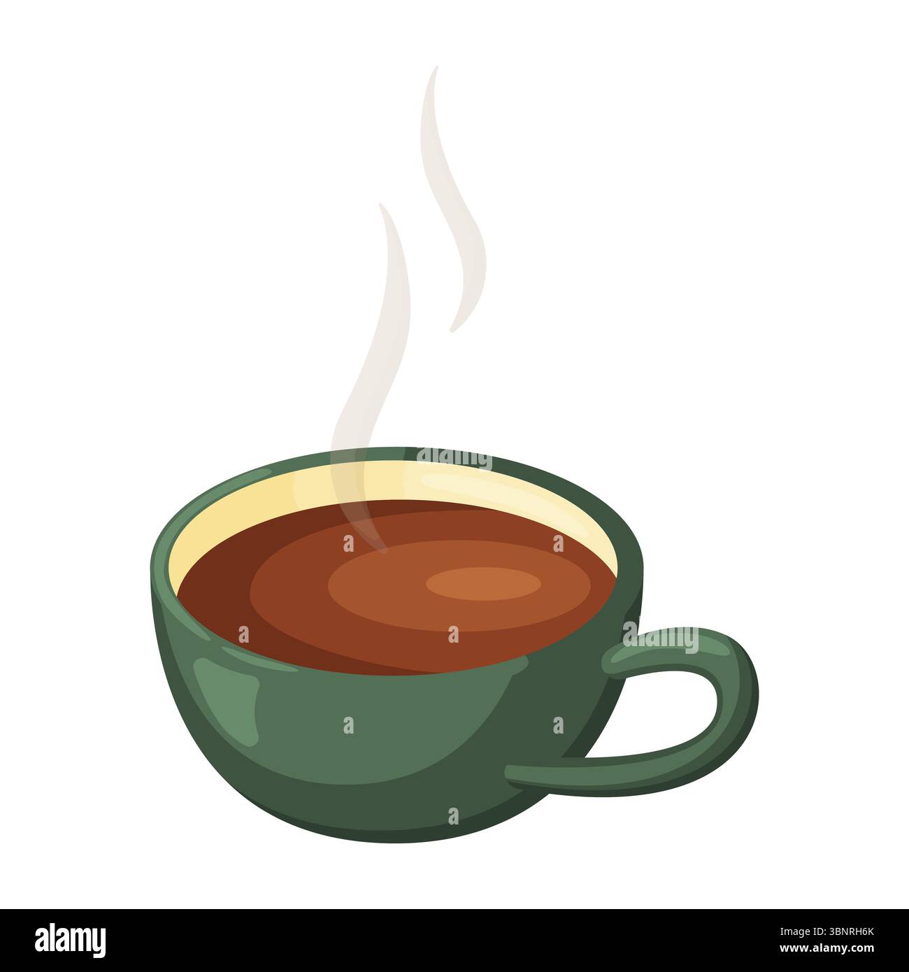 Immagine vettoriale piatta di una tazza verde brillante con caffè o tè caldo al vapore. Evoca calore, comfort, relax, routine mattutine e momenti di intimità Illustrazione Vettoriale