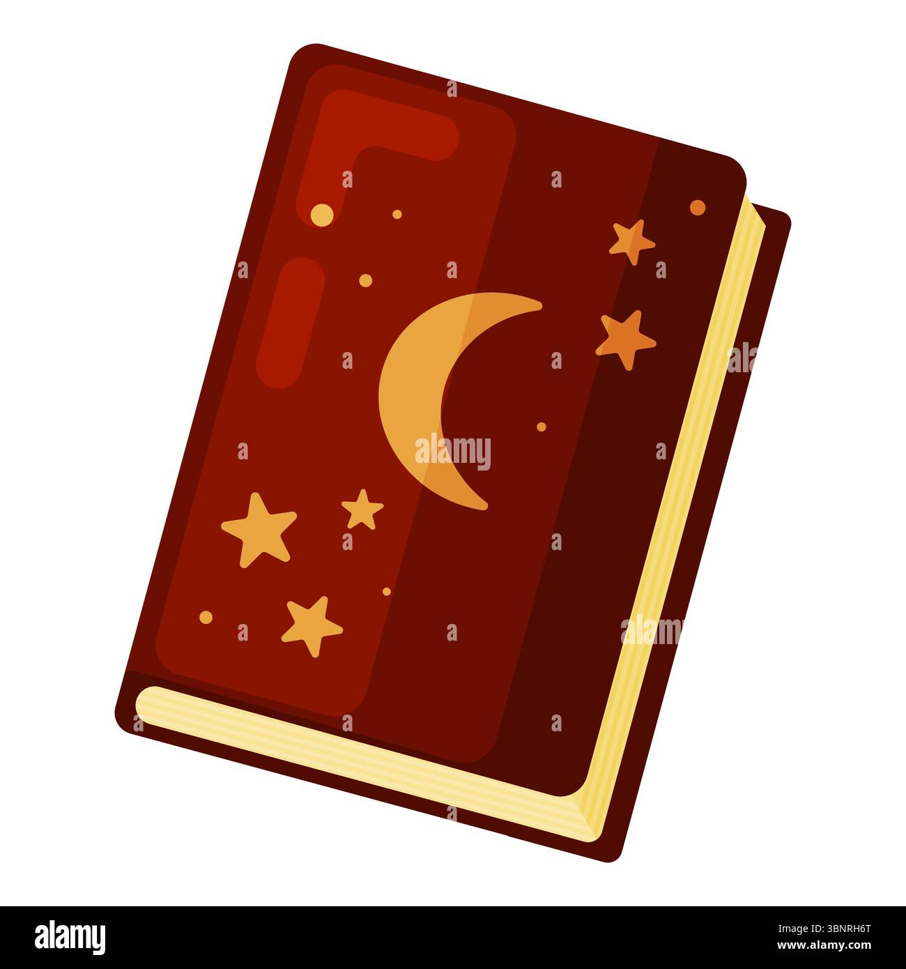 Illustrazione vettoriale piatta di un libro chiuso rosso scuro decorato con simboli mistici di luna e stelle. Ideale per fantasia, magia, stregoneria, narrazione, Illustrazione Vettoriale