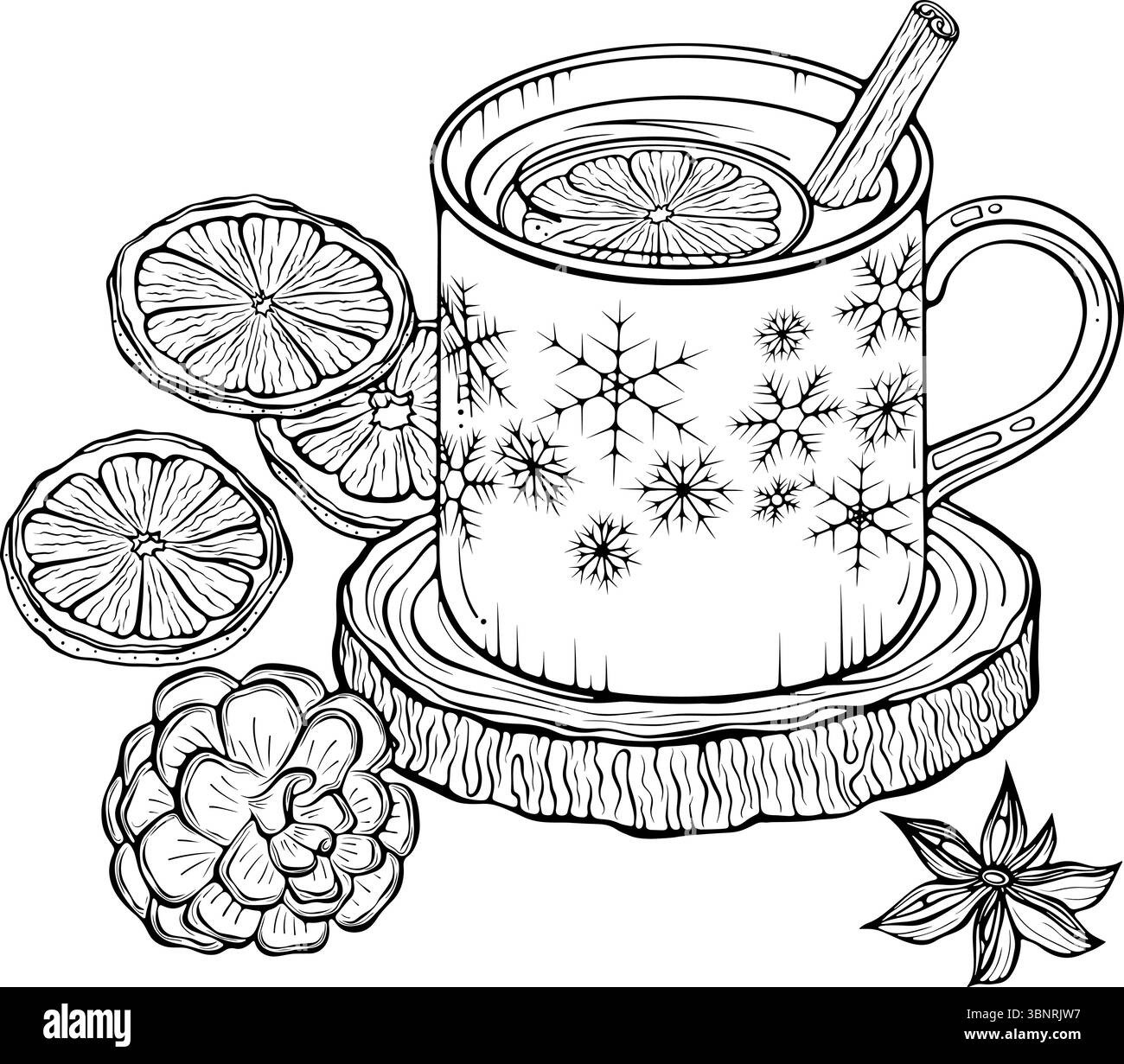 Tè allo zenzero con cannella nella nella mug line art Illustrazione Vettoriale