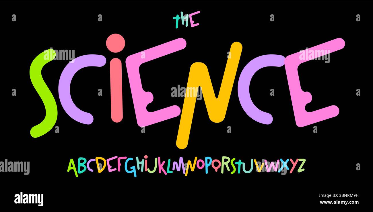 Font per l'educazione scientifica, alfabeto funky cartoni animati futuristico per titoli scientifici, logo educativo per bambini, tipografia di libri per bambini, divertimento Illustrazione Vettoriale
