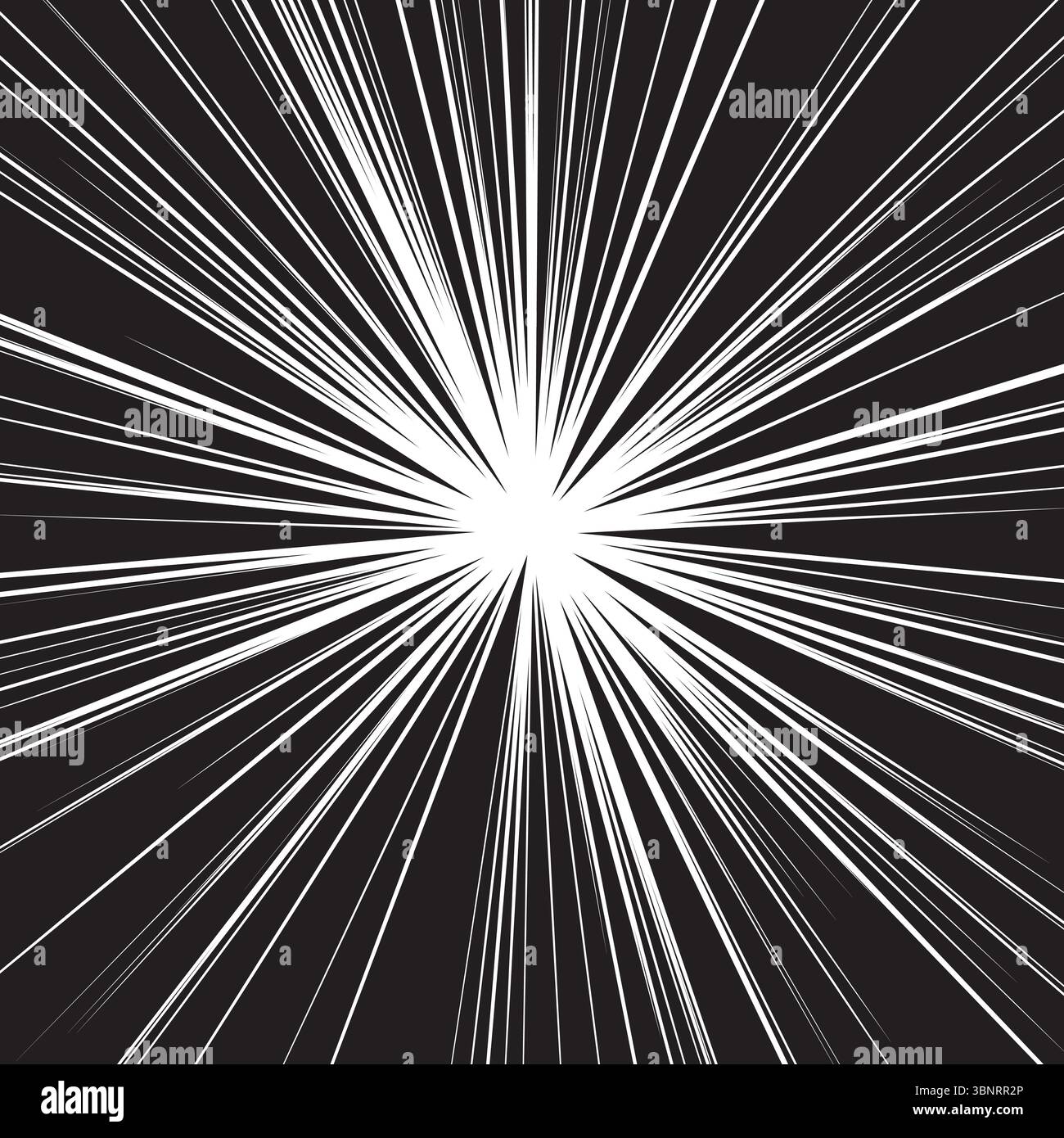 Effetto esplosivo per animazioni anime, scene di impatto drammatico. Linee di velocità dinamiche su sfondo nero. Illustrazione vettoriale. Illustrazione Vettoriale