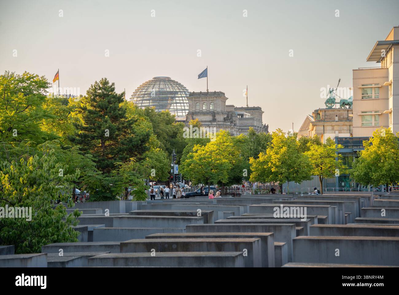 Vista del Memoriale dell'Olocausto di Berlino con la cupola del Reichstag e la porta di Brandeburgo sullo sfondo, durante l'ora d'oro in estate. Foto Stock