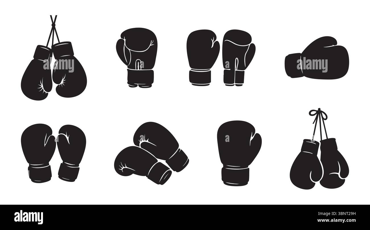 Set di guanti da boxe con silhouette nera in varie posizioni, isolati su sfondo bianco, illustrazione grafica. concetto di attrezzatura sportiva, attrezzature per il fitness, Illustrazione Vettoriale