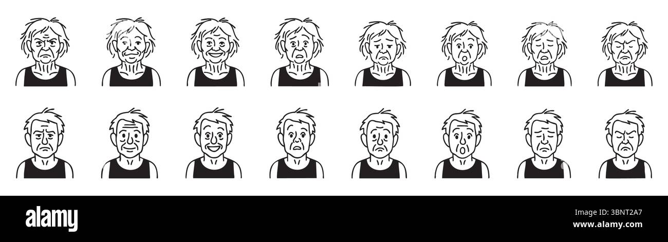 Set di volti di vecchi e donne con varie espressioni emotive isolate su sfondo bianco. Concetto di personaggi anziani, emozioni che invecchiano, psicolo Illustrazione Vettoriale