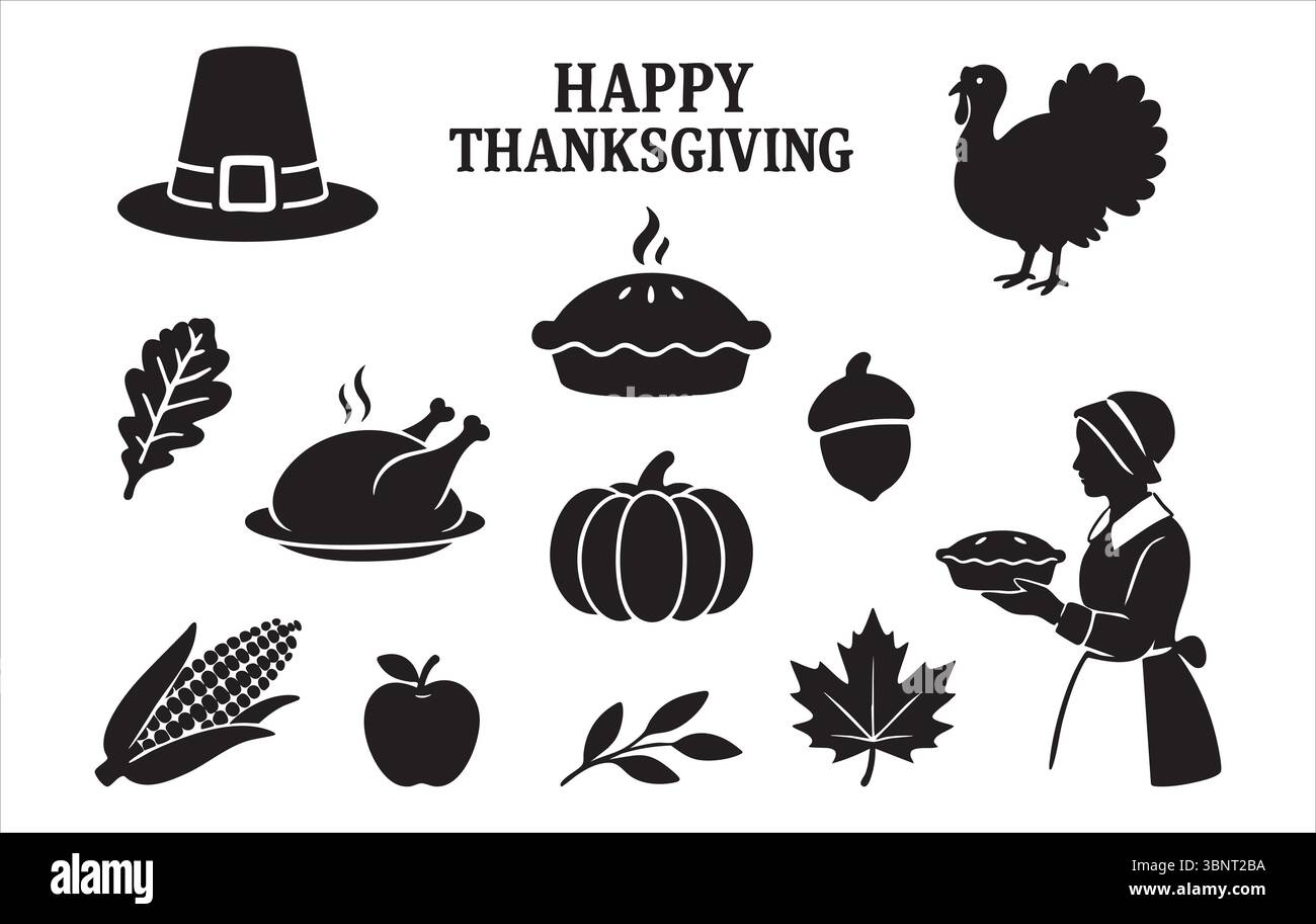 Set di silhouette nere con iconici elementi natalizi, isolate su sfondo bianco. concetto di autunno, gratitudine, festa, deco Illustrazione Vettoriale