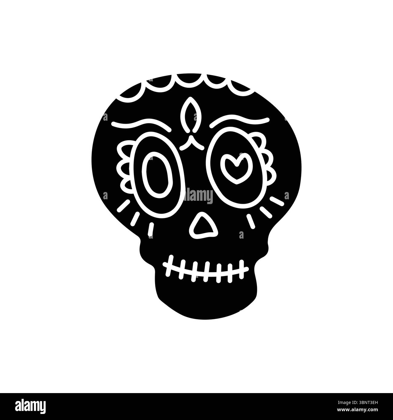 Icona nera stilizzata del teschio di zucchero, perfetta per il giorno dei morti e per i disegni a tema messicano. Illustrazione Vettoriale